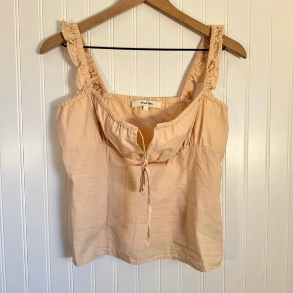 Simple Retro Ruched Bust Knot Front Ruffle Trim Cami Top Women’s Size Large - Picture 2 of 9